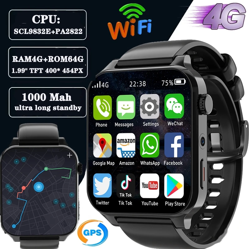 

2023 New RAM 4GB ROM 64GB 1.99 Inch 4G Call Smart Watch GPS Wifi Dual Camera Heartrate Testing Waterproof Sports Men Smartwatch