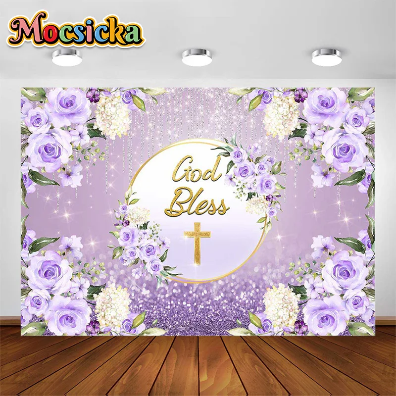 

Mocsicka God Bless Backdrop Baptism Party First Holy Communion Christening Banner Decor Purple Flower Baby Shower Background