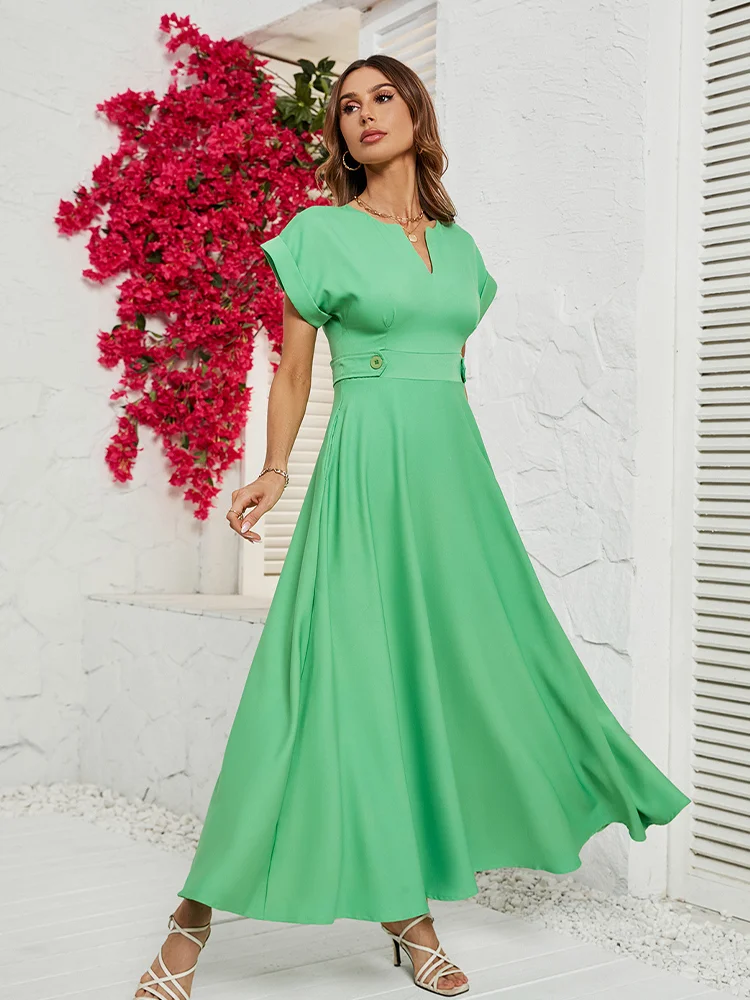 Simple Fashion Solid Waist Buttoned Hem Maxi Dress Women Spring V Neck A-Line Long Party Dress Summer Short Sleeve Boho Dresses
Simple Fashion Solid Waist Buttoned Hem Maxi Dress Women Spring V Neck A-Line Long Party Dress Summer Short Sleeve Boho Dresses