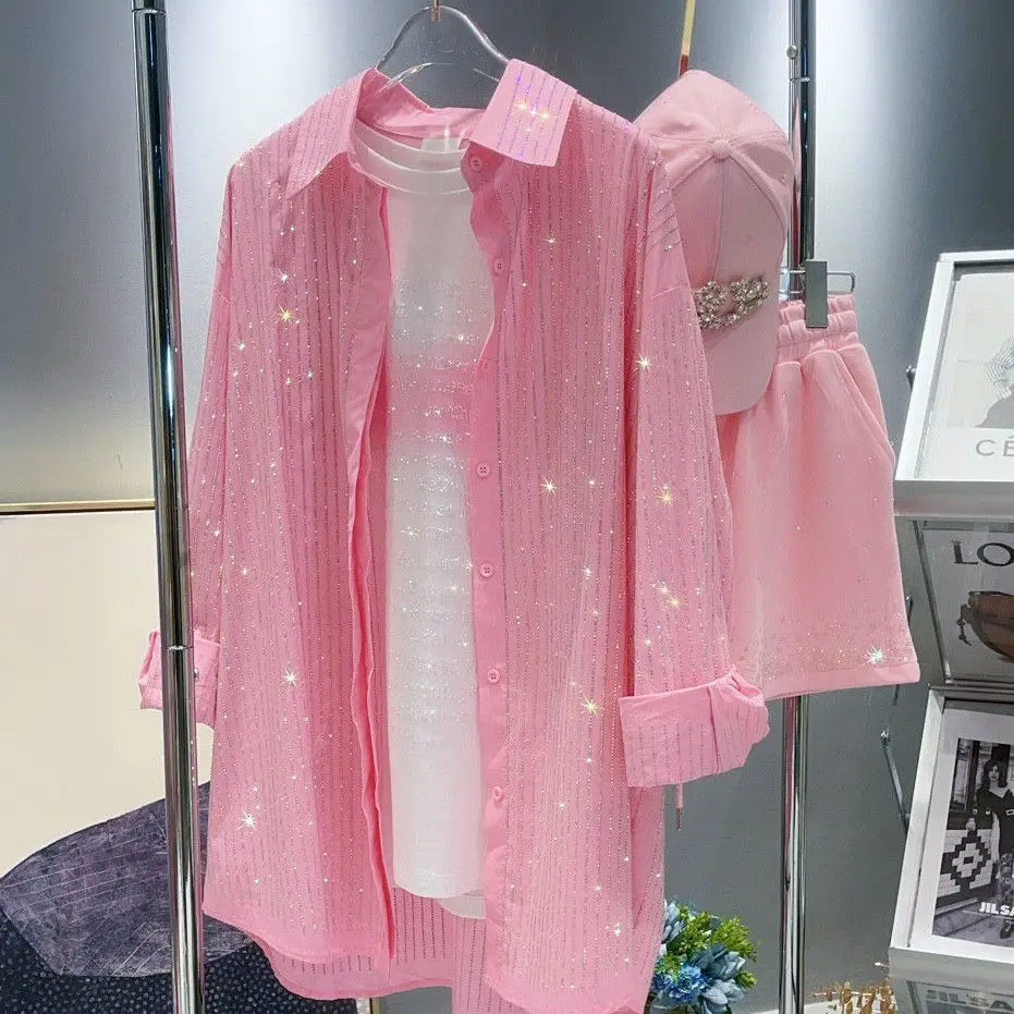 

Pink Striped Diamonds Shirts Spring Loose Hot Drilling Blouses OL Sequined Cardigan Streetwear Turn Down Collar Crop Tops Blusas