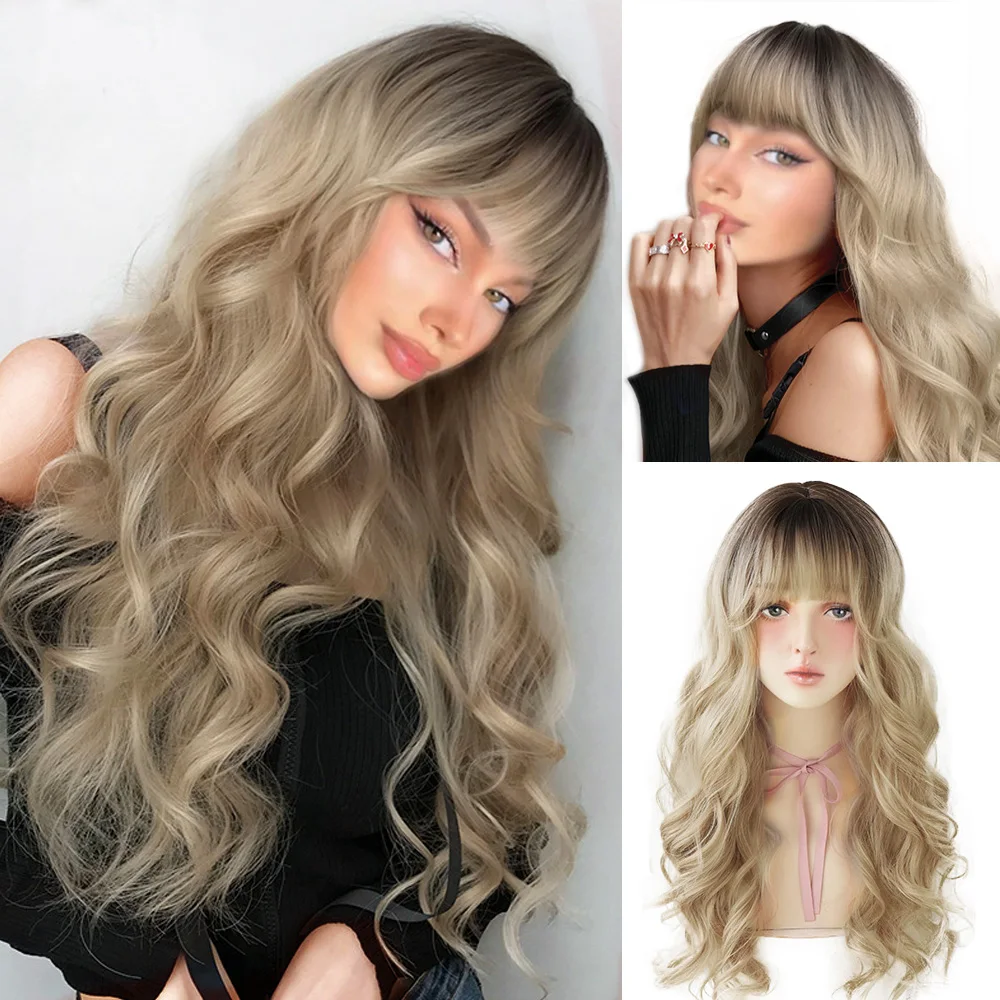 

WEILAI Long Curly Shaggy Bangs Gradient Highlight Wig Black, Brown, Blonde and Pink, Women's Wigs for All Seasons
