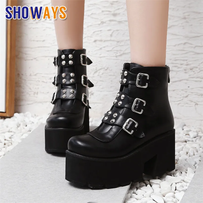 Winter Women Rivet Ankle Boots Black Combat High Thick Heel Casual Lady Punk Round Toe Zipper Gothic Buckle Platform Short Boots
Winter Women Rivet Ankle Boots Black Combat High Thick Heel Casual Lady Punk Round Toe Zipper Gothic Buckle Platform Short Boots