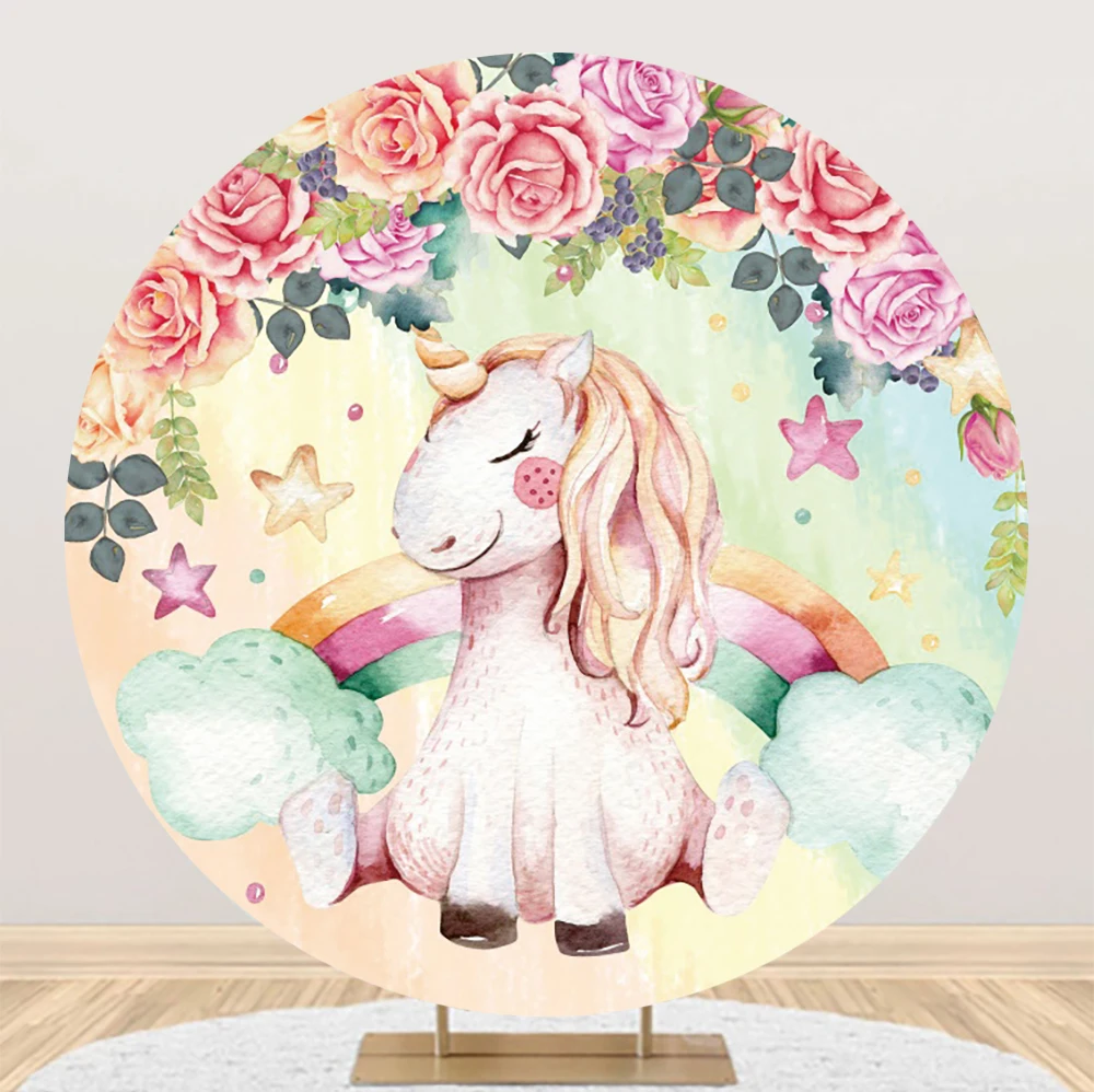 Laeacco Cute Unicorn Round Photography Background Watercolor Flower Rainbow Stars Girl Newborn Birthday Portrait Custom Backdrop
Laeacco Cute Unicorn Round Photography Background Watercolor Flower Rainbow Stars Girl Newborn Birthday Portrait Custom Backdrop