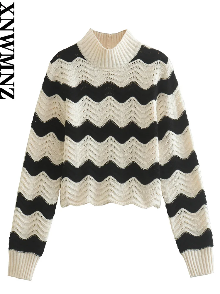 XNWMNZ 2023, женский модный полосатый мягкий свитер из синели, Женский винтажный Топ с длинным рукавом и высоким воротником, Женский шикарный пул...