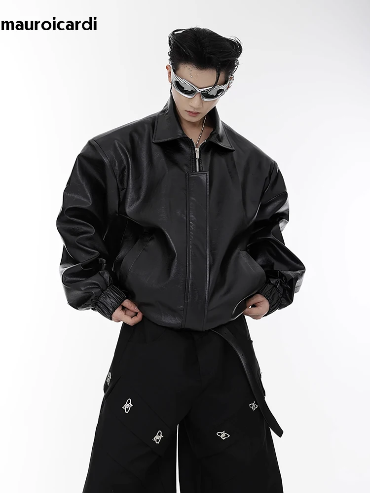 Mauroicardi Autumn Cool Handsome Oversized Black Silver Metal Liquid Pu Leather Jacket Men Shoulder Pads Luxury Designer Clothes
Mauroicardi Autumn Cool Handsome Oversized Black Silver Metal Liquid Pu Leather Jacket Men Shoulder Pads Luxury Designer Clothes