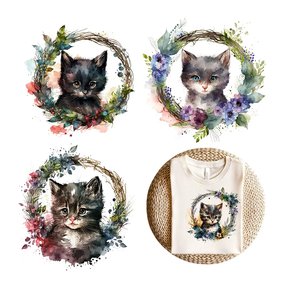 

Wreath Cat Patches Iron On Stickers for Clothing Stripes On Clothes Thermo Transfer Stickers Dress Patch Parches Ropa