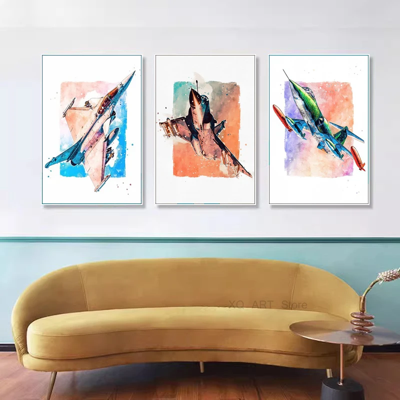

Cartoon Watercolor Aircraft And Fighter Poster Canvas Paintings HD Print Wall Art For Boy Room Home Living Room Frameless Gifts