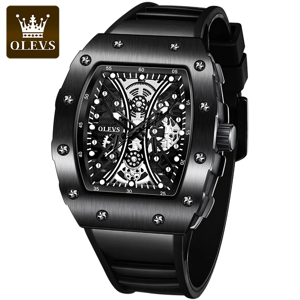 

OLEVS 2022 New Top Brand Fashion Tonneau Quartz Watch Black Rubber Strap Skeleton Design Sports Mens Watches Relogio Masculino