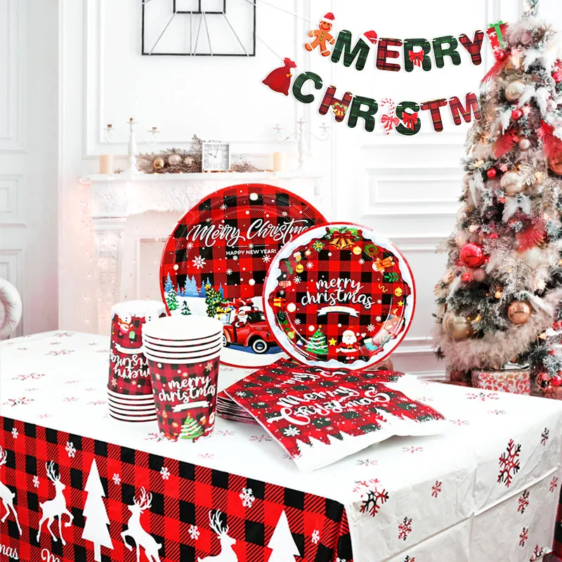 Merry Christmas Disposable Tableware Paper Cup Plate Napkin Banner Table Xmas Party Decor Christmas Black Red Plaid Decoration
Merry Christmas Disposable Tableware Paper Cup Plate Napkin Banner Table Xmas Party Decor Christmas Black Red Plaid Decoration