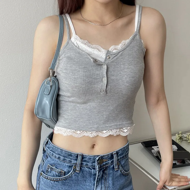 Korean Style Fake Two Pieces Casual Basics Contrast Color Buttons Vest Sweet Lace Patchwork Tank Top Streetwear Crop Tops
Korean Style Fake Two Pieces Casual Basics Contrast Color Buttons Vest Sweet Lace Patchwork Tank Top Streetwear Crop Tops