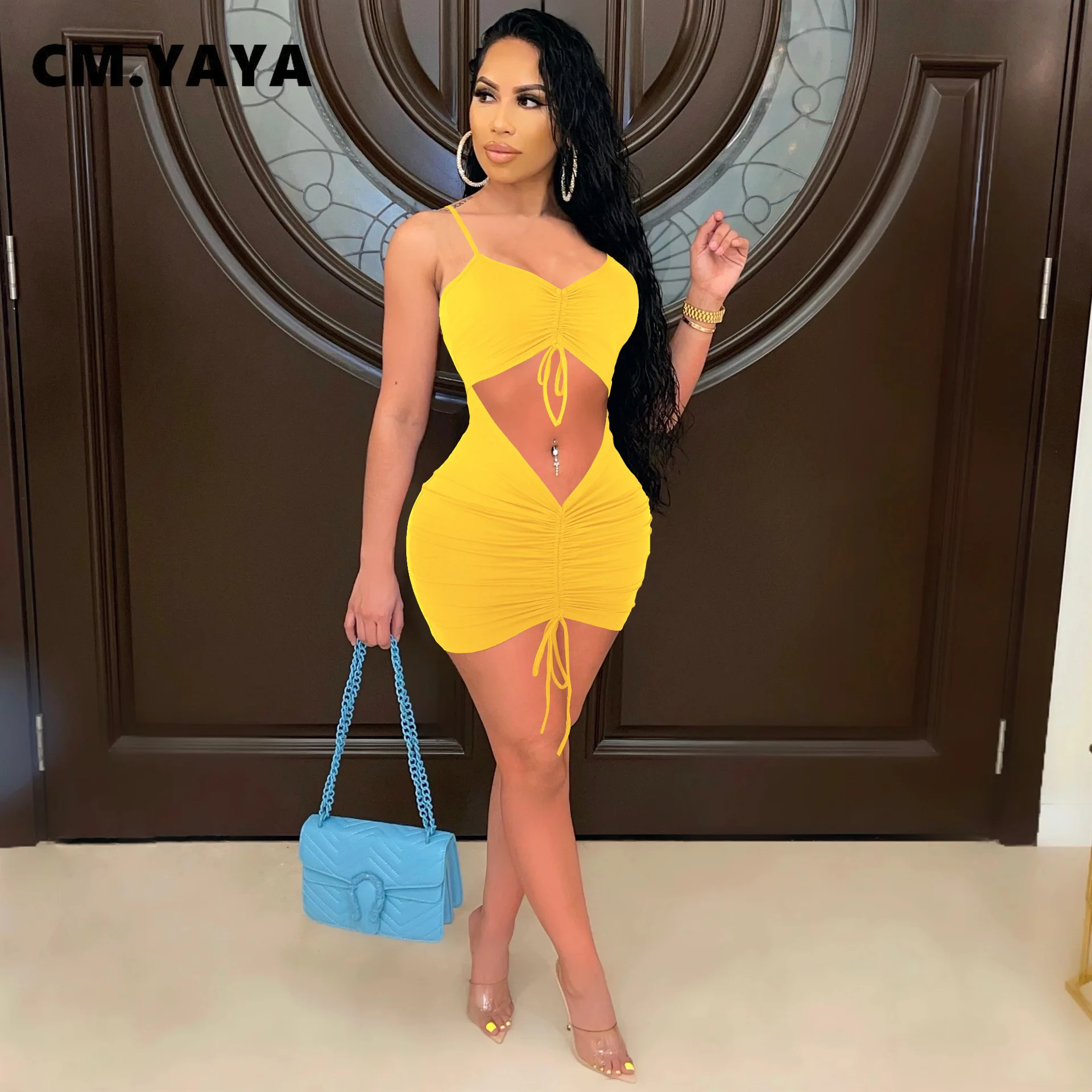 

CM.YAYA Women Spaghetti Strap V-neck Cut Out Waist Ruched Stacked Sleeveless Bodycon Midi Dress Sexy Night Party Club Dresses