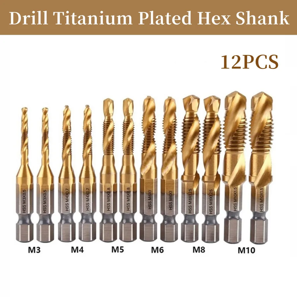 12pcs HSS Tap Drill Titanium Plated Hex Shank Screw Thread Metric Tap Drill Compound Tap Hand Tools M3 M4 M5 M6 M8 M10
12pcs HSS Tap Drill Titanium Plated Hex Shank Screw Thread Metric Tap Drill Compound Tap Hand Tools M3 M4 M5 M6 M8 M10