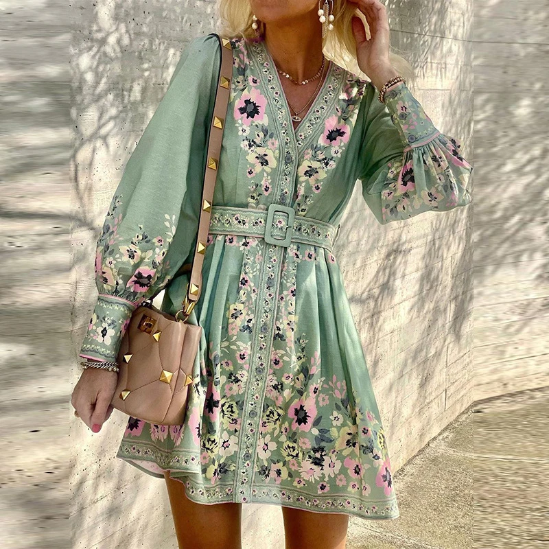Elegant V Neck Belted A-Line Dress Autumn Fashion Floral Print Bohe Mini Dress Spring Women Casual Long Sleeve Pleat Party Dress
Elegant V Neck Belted A-Line Dress Autumn Fashion Floral Print Bohe Mini Dress Spring Women Casual Long Sleeve Pleat Party Dress