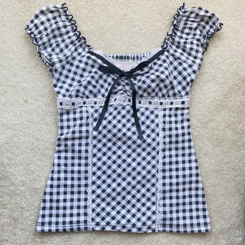 Lace Plaid Patchwork Top Vintage Goth Short Sleeve Basic Sweats Shirt Cute Chic Slim Clothes Women Sweet Casual Tee
Lace Plaid Patchwork Top Vintage Goth Short Sleeve Basic Sweats Shirt Cute Chic Slim Clothes Women Sweet Casual Tee