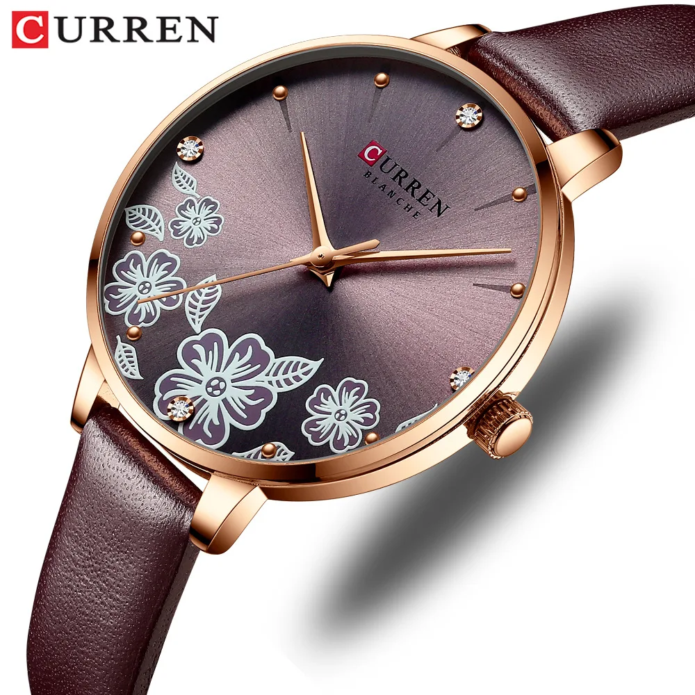 

Top Brand Analog Quartz Women Watches CURREN Fashion Leather Strap Luxury Wristwatch Ladies Casual Beautiful Flower Dial Watch