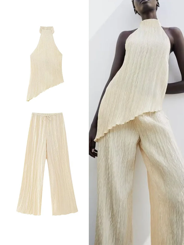 TRAF New Women Pleated Sets Fashion Elegant Ladies Solid Backless Sleeveless Irregular Top+ Drawstring Wide Leg Pant 2 Pieces
TRAF New Women Pleated Sets Fashion Elegant Ladies Solid Backless Sleeveless Irregular Top+ Drawstring Wide Leg Pant 2 Pieces