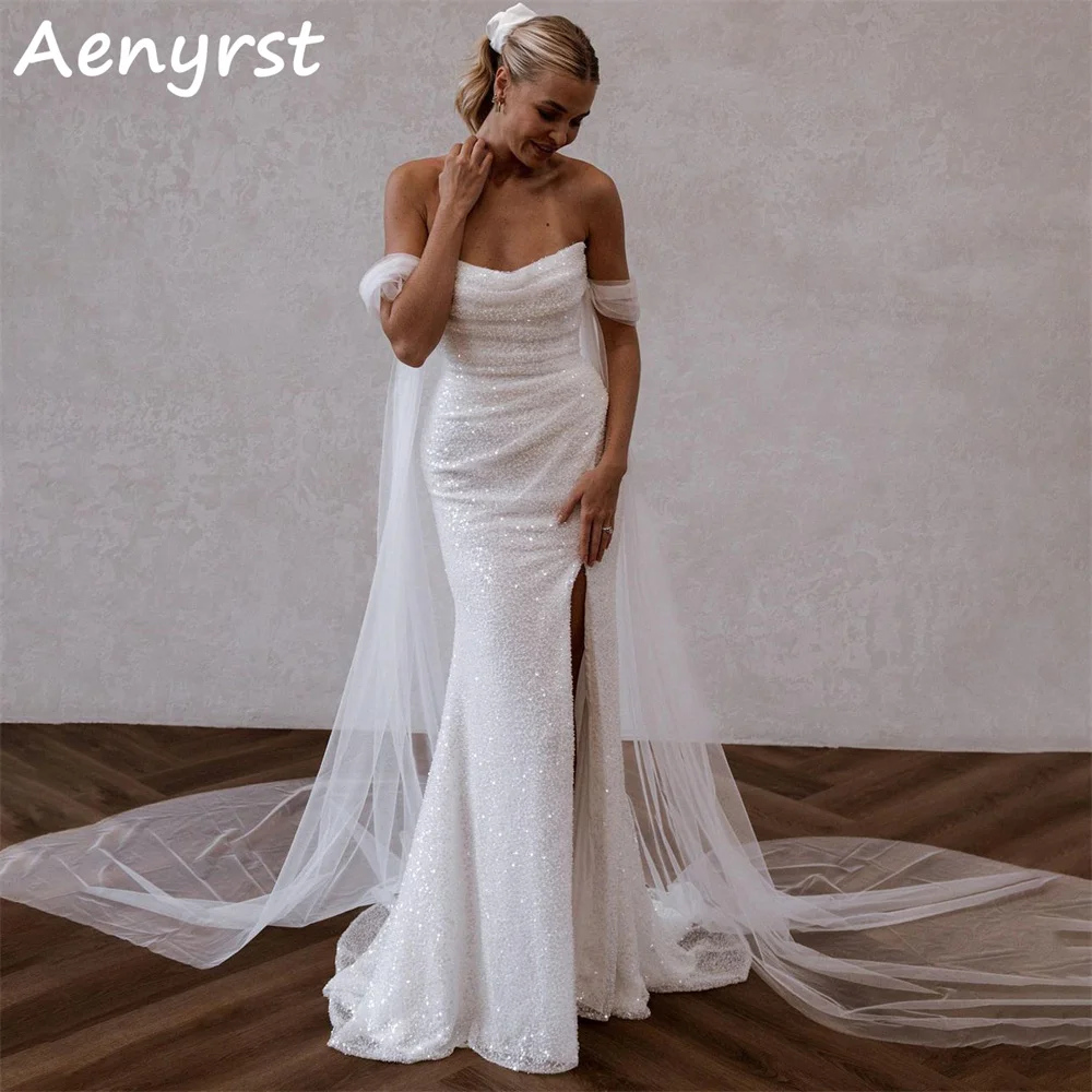 

Aenyrst элегантные свадебные платья с открытыми плечами Русалка с бисером кружевные боковые бриллианты со шлейфом Свадебные платья на заказ