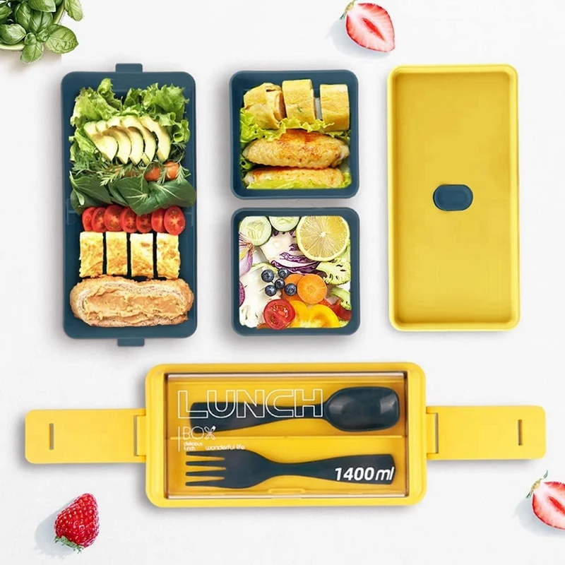 

2X Bento Box Kit, 47,35 OZ Bento Box Ланч-бокс для взрослых, 3 с отделениями бенто коробка для завтрака, контейнер для еды, синий CNIM Hot