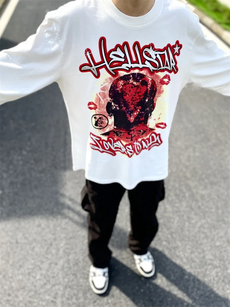 

New Fasion Washed HELLSTAR Rodman Flame T Shirt Men Women Oversized West Coast Street Long Sleeve T-Shirt Tee