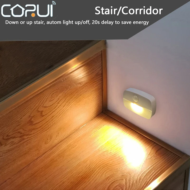

CORUI Wireless Mini LED Night Lights PIR Motion Auto Sensor Hallway Closet Stair Room Lamps Battery Powered Cabinet Door Stair