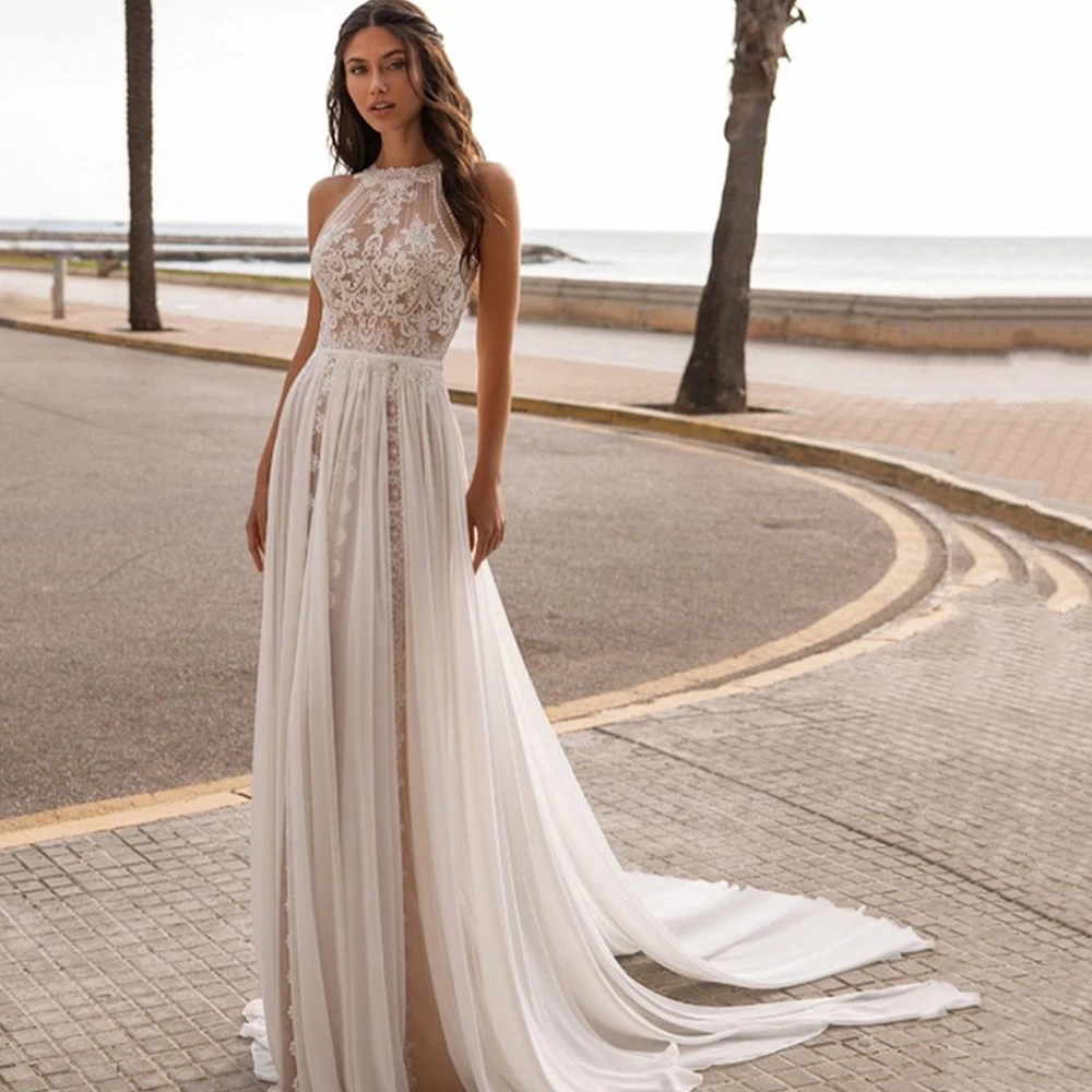 Princess Boho Wedding Dresses 2022 Halter Sleeveless Chiffon Wedding Gowns Draped Applique Illusion Back Sweep Train Bride Dress
Princess Boho Wedding Dresses 2022 Halter Sleeveless Chiffon Wedding Gowns Draped Applique Illusion Back Sweep Train Bride Dress