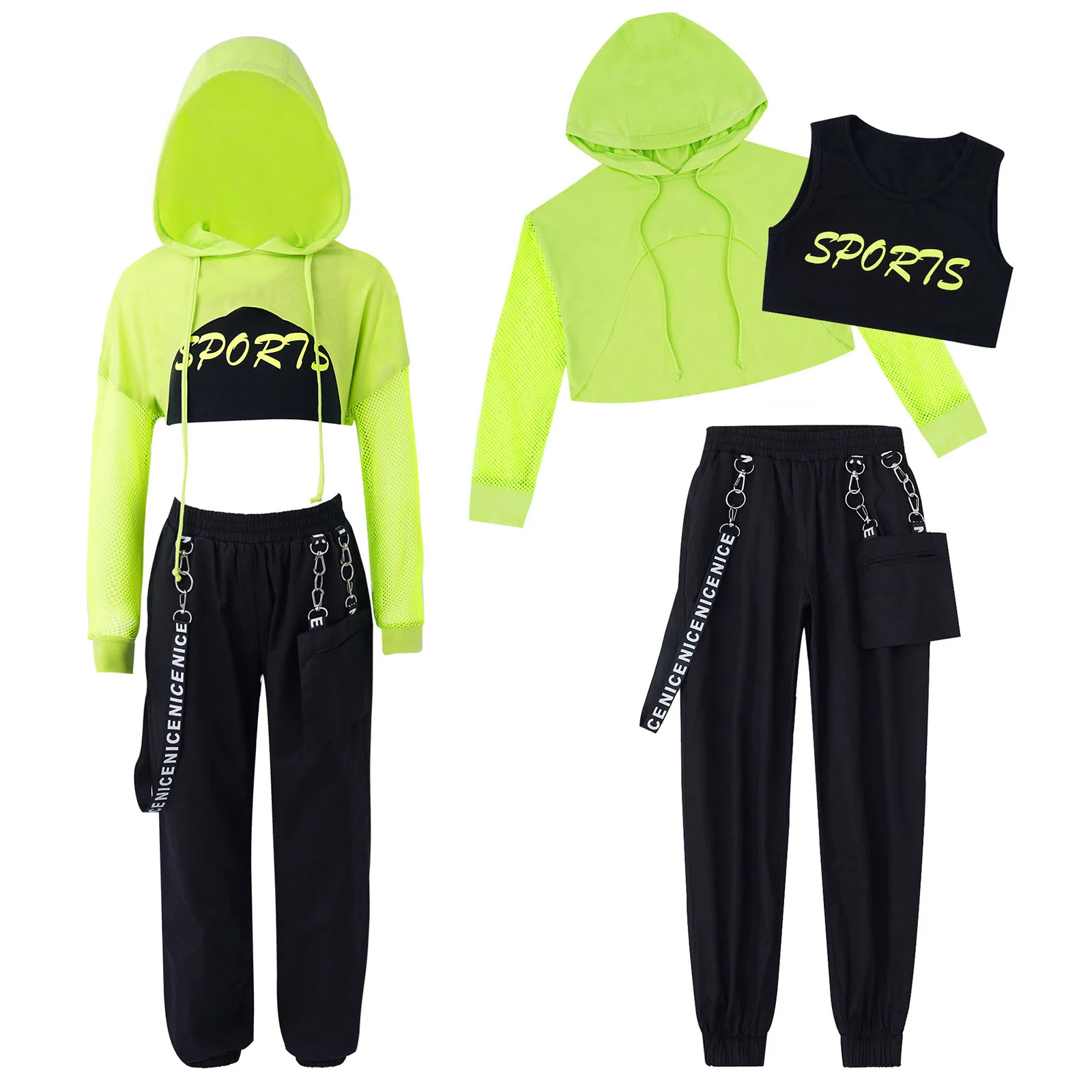 Hip Hop Girls Clothing Jazz Costumes Kids Hooded Net Cover Up Tops with Crop Vest and Pants Sports Set Modern Dance Street Wear
Hip Hop Girls Clothing Jazz Costumes Kids Hooded Net Cover Up Tops with Crop Vest and Pants Sports Set Modern Dance Street Wear