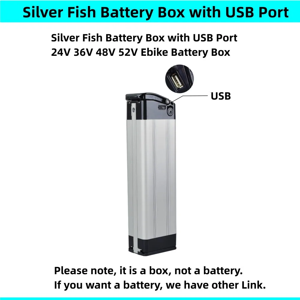 Silver Fish Ebike Battery Box with USB 24v 36v 48v 52v City Bike Folding Bike Fat Bike Electric Bike Battery Box XLR Charge
Silver Fish Ebike Battery Box with USB 24v 36v 48v 52v City Bike Folding Bike Fat Bike Electric Bike Battery Box XLR Charge
