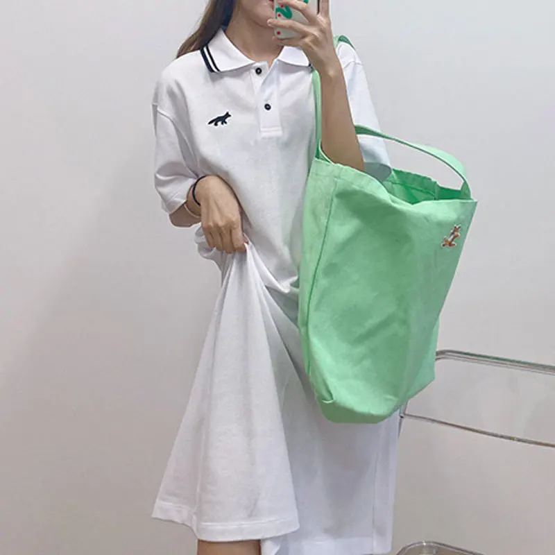 Women Classic fox embroidery white knit Knee-Length dress polo collar high waist casual loose lady short sleeve dress
Women Classic fox embroidery white knit Knee-Length dress polo collar high waist casual loose lady short sleeve dress