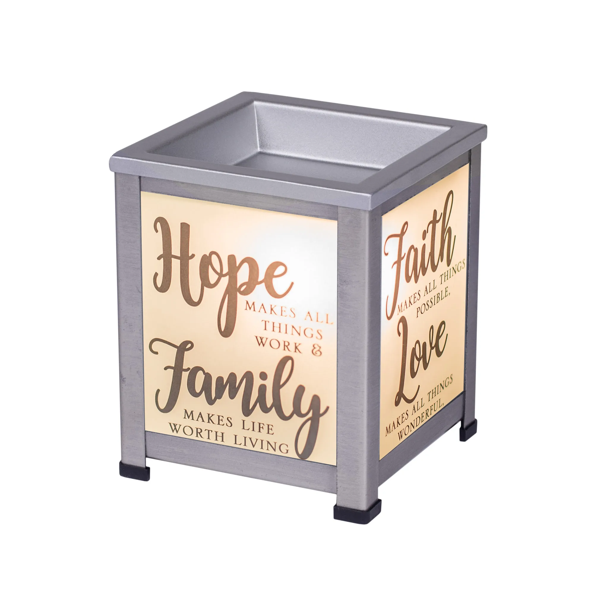 Hope Family Faith Silver Tone Metal Electrical Wax Tart and Oil Glass Lantern Warmer
Hope Family Faith Silver Tone Metal Electrical Wax Tart and Oil Glass Lantern Warmer