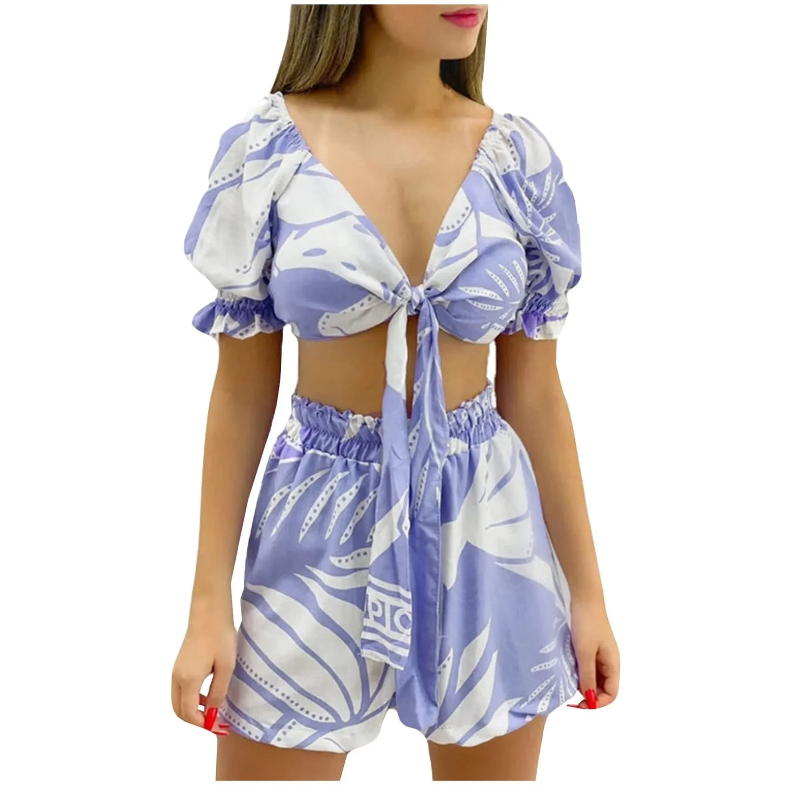 Women Print Lace Up Tops Shorts Sets Summer Short Sleeve Deep V-neck Crop Top Female Suit Elegant Elastic Waist Short Suits Lady
Women Print Lace Up Tops Shorts Sets Summer Short Sleeve Deep V-neck Crop Top Female Suit Elegant Elastic Waist Short Suits Lady