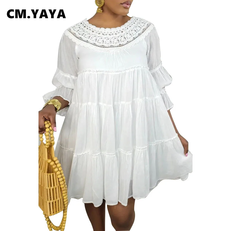 

CM.YAYA Elegant Women Lace Patchwork O-neck Long Sleeve Cascading Ruffles Big Swing Loose Smock Dress 2022 Pink White Sundress