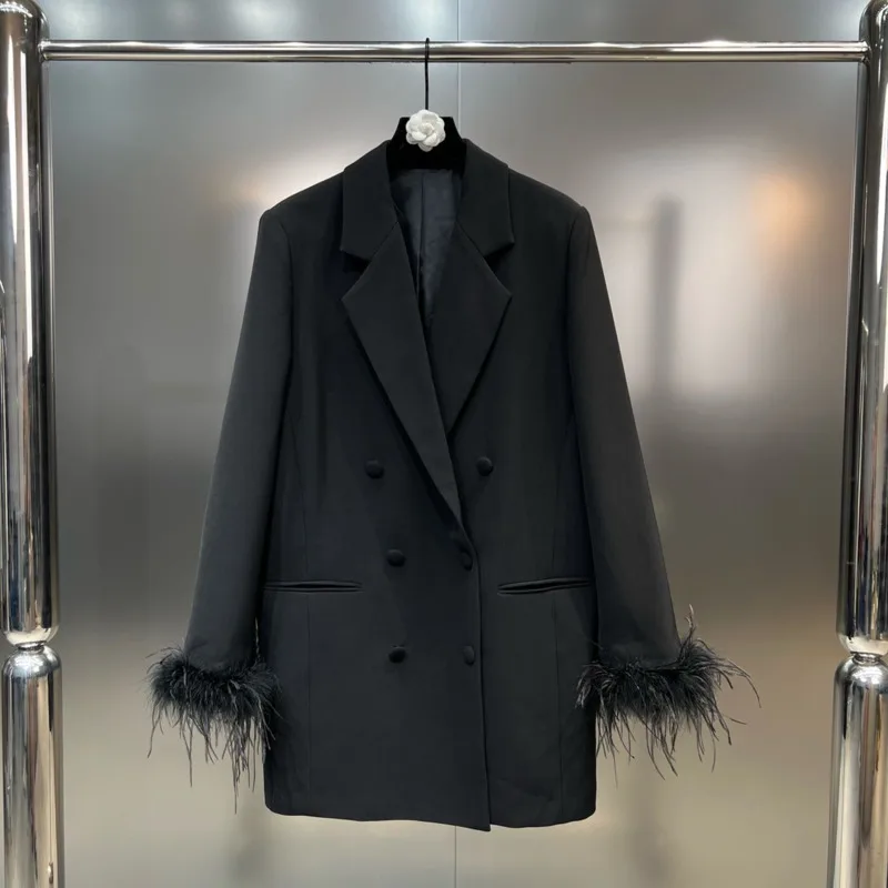 

BORVEMAYS Black Blazer Loose Temperament Tailored Collar Double Breasted Solid Color Feather Autumn New 2023 Coat WZ5258