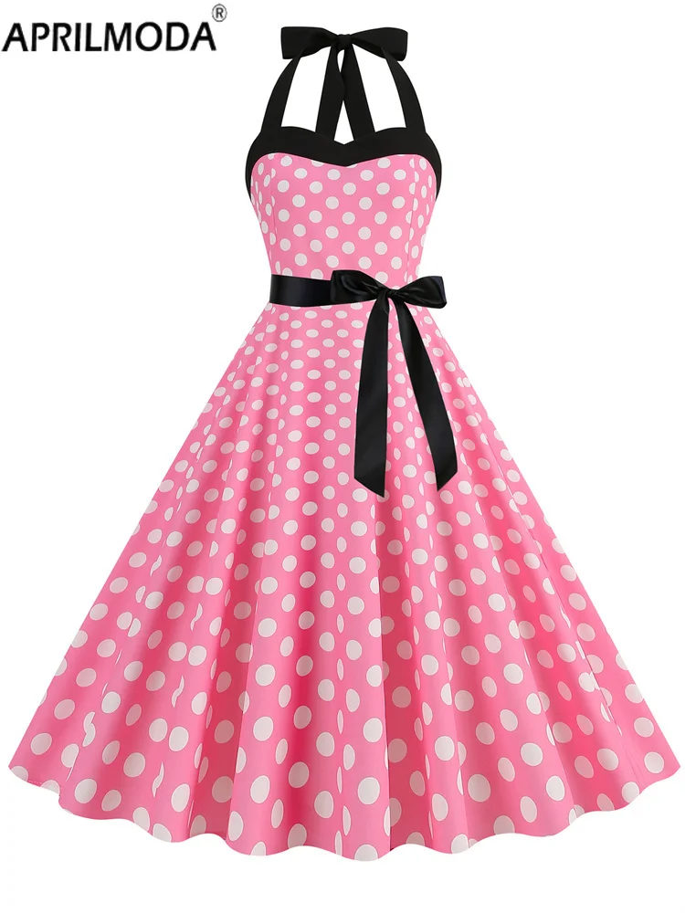 

Elegant 50s 60s Halter Vintage Summer Party Dress Strapless Dot Print Backless Pinup Rockabilly Dresses Big Swing Pink Sundress