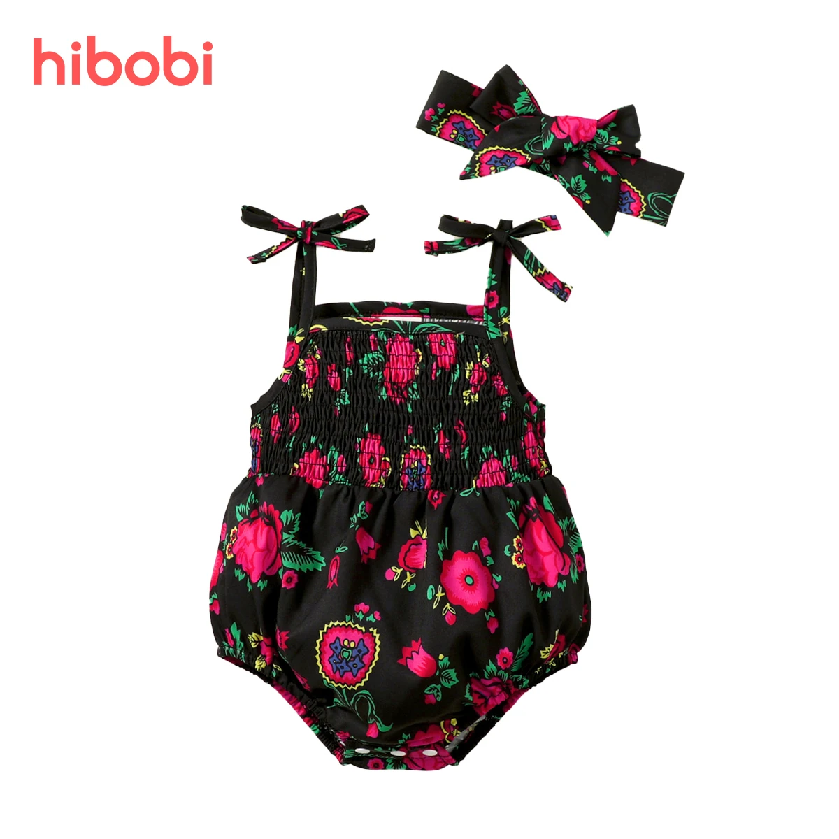 

Hibobi Newborn Baby Girl Bodysuit 2-piece Baby Girl Allover Floral Printed Cami Romper & Matching Bowknot Headwrap
