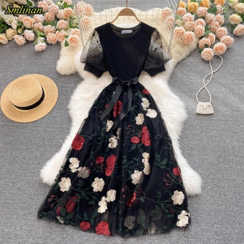 Smlinan Summer Patchwork Embroidery Floral Mesh Dress Women O Neck Short Sleeve Bandgae Midi Dress Elegant Evening Party Dresses
Smlinan Summer Patchwork Embroidery Floral Mesh Dress Women O Neck Short Sleeve Bandgae Midi Dress Elegant Evening Party Dresses