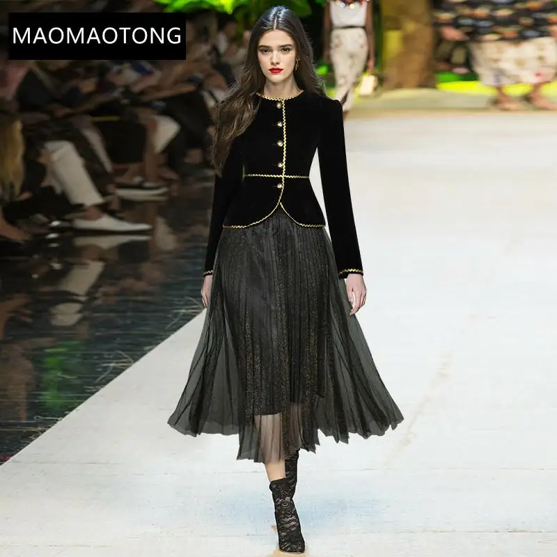 Fashion Runway Autumn Skirts Suit Women's Long sleeve Black Velvet Overcoat and Mesh Midi Skirts Two Pieces Set
Fashion Runway Autumn Skirts Suit Women's Long sleeve Black Velvet Overcoat and Mesh Midi Skirts Two Pieces Set