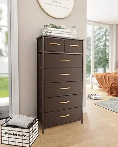 Dresser for Bedroom with 7 Drawers, Tall Dresser Vertical Storage Tower, Sturdy Metal Frame, Fabric Storage Bins with Wooden Han
Dresser for Bedroom with 7 Drawers, Tall Dresser Vertical Storage Tower, Sturdy Metal Frame, Fabric Storage Bins with Wooden Han
