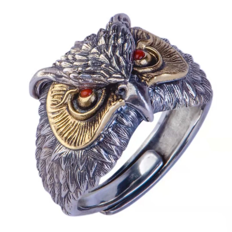 

New Retro Creative Tow Tone Owl Opening Rings For Men And Women Blue Red Eyes Punk Fashion Jewelry Party Gift Animal Finger Ring