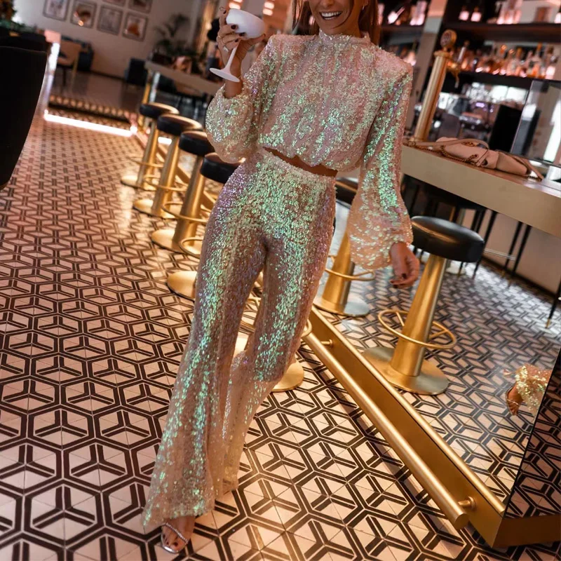 Spring Fashion Sequin Set Casual O-Neck Long Sleeve T-Shirt High Waist Wide Leg Pants Two Piece Set 2023 Elegant Women's Set
Spring Fashion Sequin Set Casual O-Neck Long Sleeve T-Shirt High Waist Wide Leg Pants Two Piece Set 2023 Elegant Women's Set