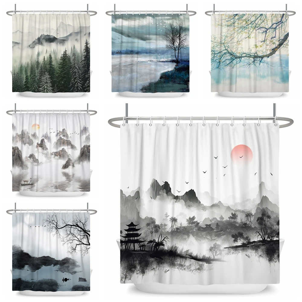 Japanese Shower Curtain Asian Landscape Painting Oriental Ink Watercolor Mountain Tree Abstract Bath Curtains with Hooks 
Japanese Shower Curtain Asian Landscape Painting Oriental Ink Watercolor Mountain Tree Abstract Bath Curtains with Hooks