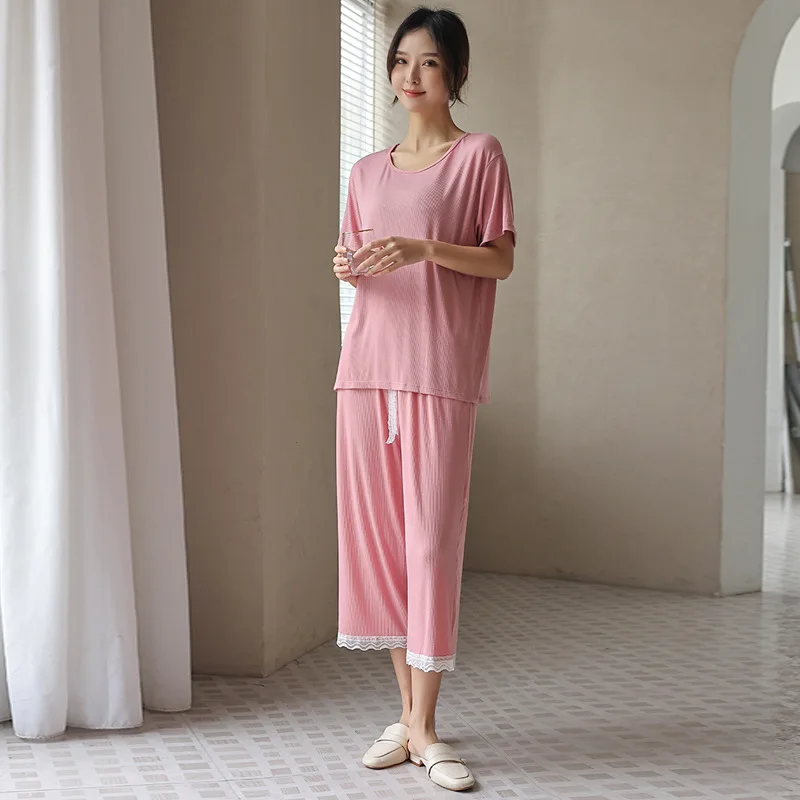 Modal Sleepwear Women Set for Summer Short-sleeved Homewear Lace Design Ankle-length Pants Pajamas for Teen Girls Pijamas
Modal Sleepwear Women Set for Summer Short-sleeved Homewear Lace Design Ankle-length Pants Pajamas for Teen Girls Pijamas
