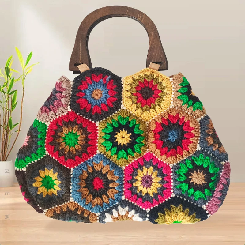 Bohemian Granny SquareCrochet Women Handbags Vintage Wooden Knitted Hand Bags Handmade Woven Large Tote Big Shopper Purses 2023
Bohemian Granny SquareCrochet Women Handbags Vintage Wooden Knitted Hand Bags Handmade Woven Large Tote Big Shopper Purses 2023