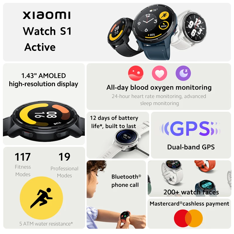 Xiaomi Watch S1 Active Глобальная версия Смарт-часы GPS Blood Oxygen 1 43" AMOLED-дисплей Bluetooth 5.2