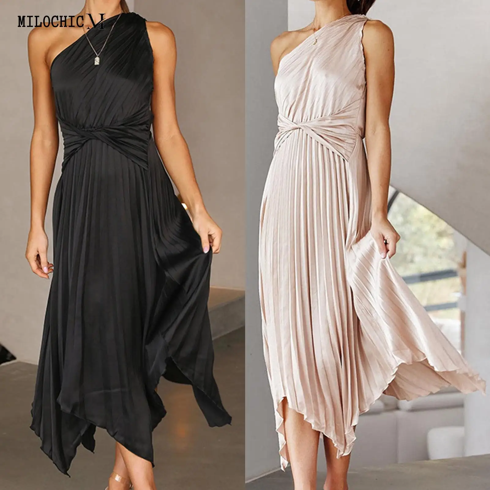 

Women Summer Maxi Dress One Shoulder Cocktail Party Dresses Elegant Lady Style Satin Dress with Belt Loose Fit Holidays Vacation