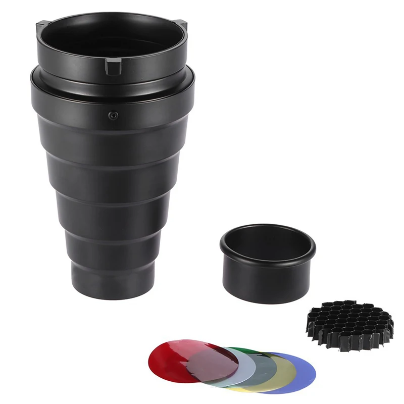 Photography Conical Snoot with Honeycomb Grid & 4 Pieces Color Gel Filters for Bowens Mount Studio Strobe Monolight Flash Light
Photography Conical Snoot with Honeycomb Grid & 4 Pieces Color Gel Filters for Bowens Mount Studio Strobe Monolight Flash Light