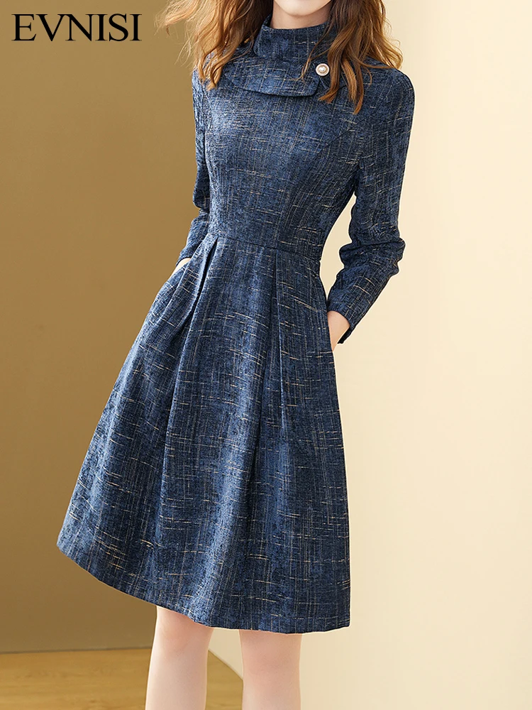 EVNISI Blue Plaid Woolen Slim Dress Winter Women Half-high Collar A-line Office Lady Dresses Elegant Casual Vestidos
EVNISI Blue Plaid Woolen Slim Dress Winter Women Half-high Collar A-line Office Lady Dresses Elegant Casual Vestidos