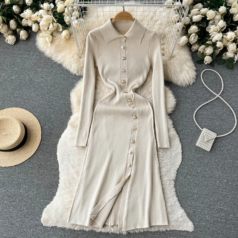 Elegant Maxi Sweater Dress Female Fashion Casual Slim Polo Collar Solid Pullover Button Slit Robe Femme Fall Winter Party Dress
Elegant Maxi Sweater Dress Female Fashion Casual Slim Polo Collar Solid Pullover Button Slit Robe Femme Fall Winter Party Dress