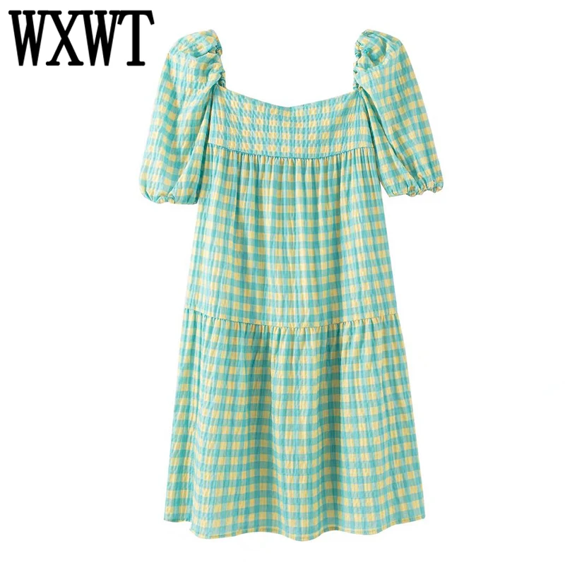 

Женское клетчатое платье-миди WXWT, повседневное свободное платье с квадратным вырезом и коротким рукавом, модель QJ8537 на лето, 2022