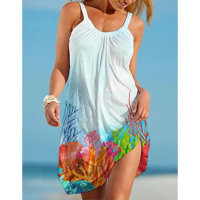 

Women Casual Dress Summer Marine Life Print Mini Vacation Sundress Fashion Beach Elegant Sleeveless O Neck Loose Camisole Dresse