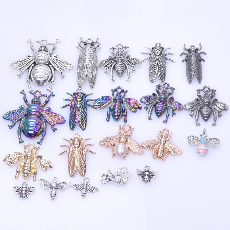 

20Pcs Mix Rainbow Golden Color Cricket Cicada Pearl Bee Spider Insect Charms Animal Pendant For Jewelry Making DIY Accessories